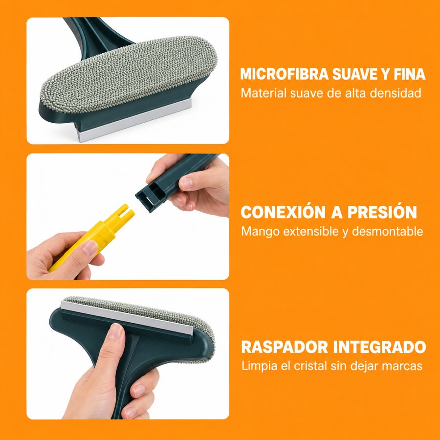 Las tres piezas: felpa de fibra corta en ambas caras, mango a presión y rasqueta integrada