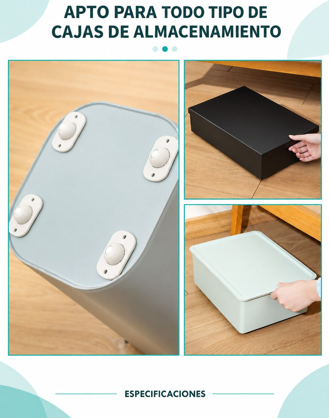 Ruedas en cajas de almacenamiento