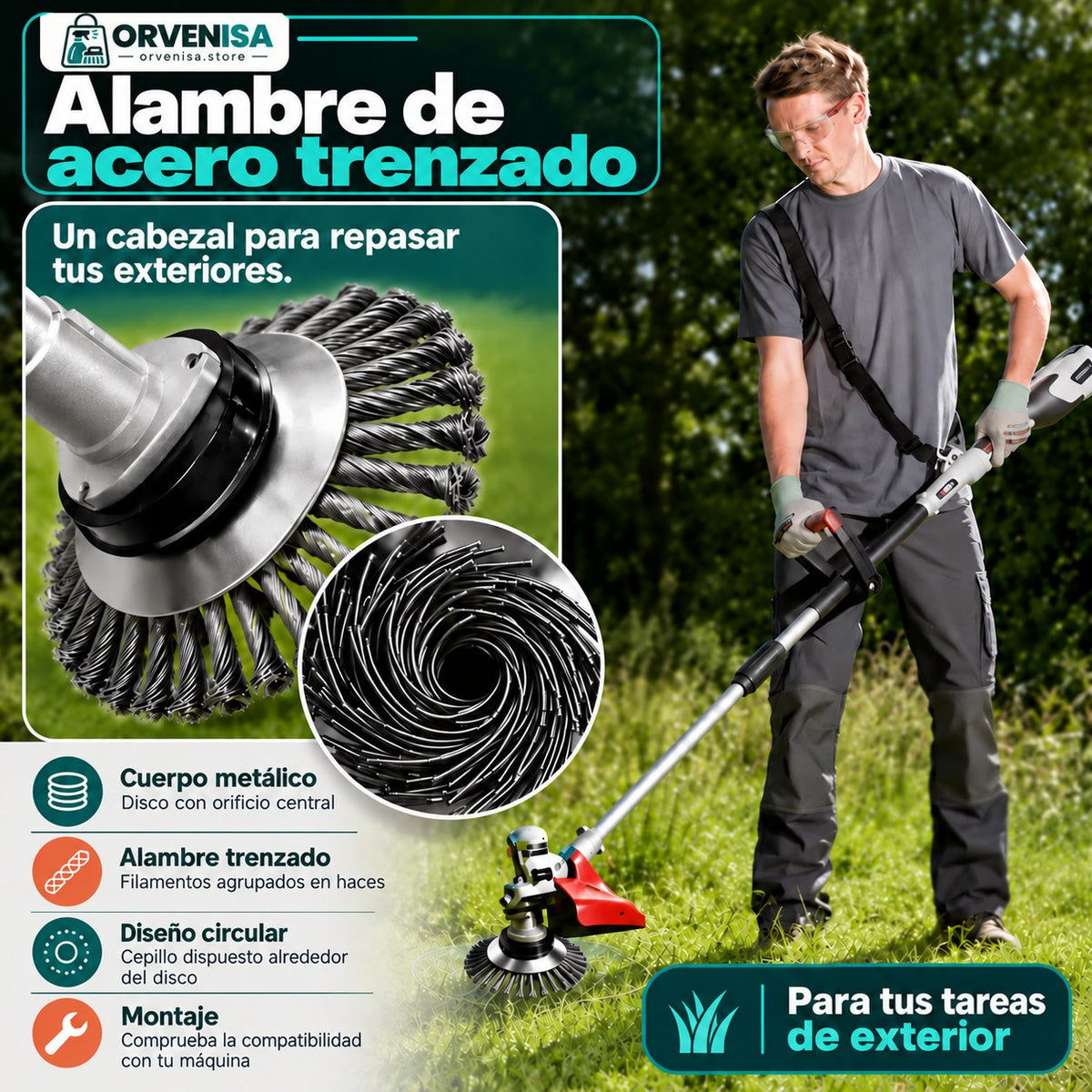 Cabezal de alambre de acero trenzado en uso