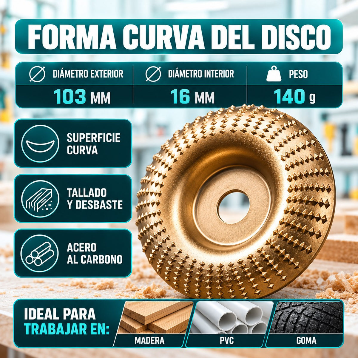 Disco de forma curva: 103 mm, orificio 16 mm, 140 g