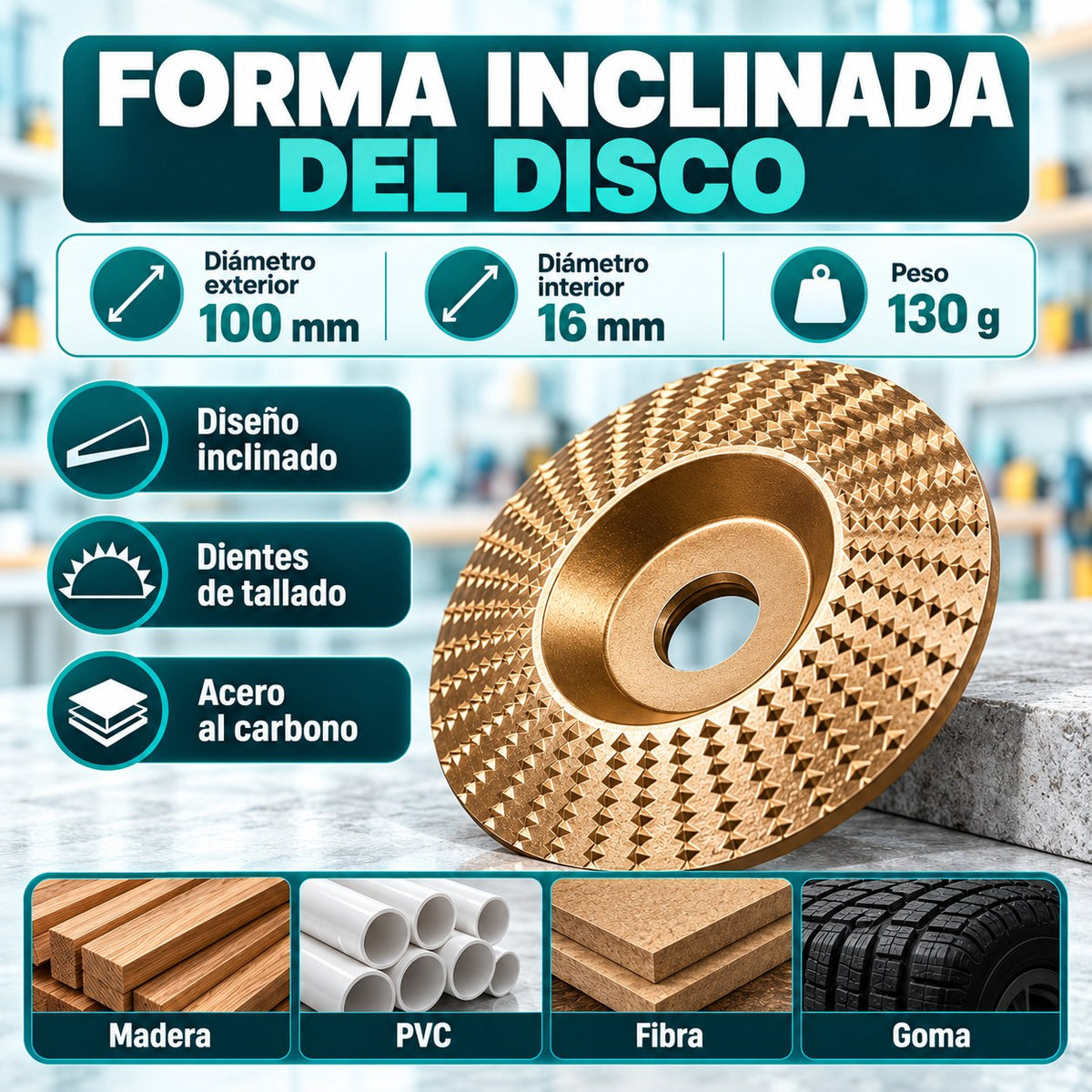 Disco de forma inclinada: 100 mm, orificio 16 mm, 130 g