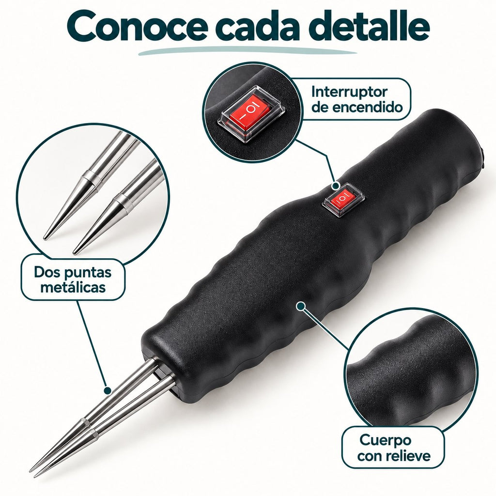 Detalle: dos puntas metálicas, interruptor y cuerpo con relieve
