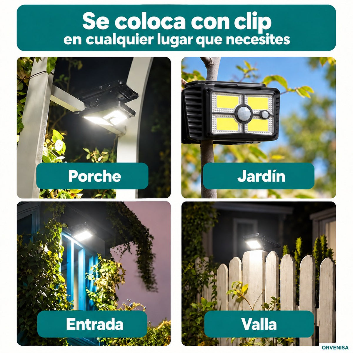 Se coloca con pinza en porche, jardín, entrada o valla