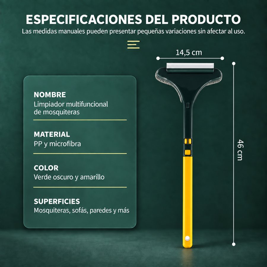 Medidas del cepillo: cabezal 14,5 cm, rasqueta 10,5 cm, 28 cm en la mano y 46 cm con alargador