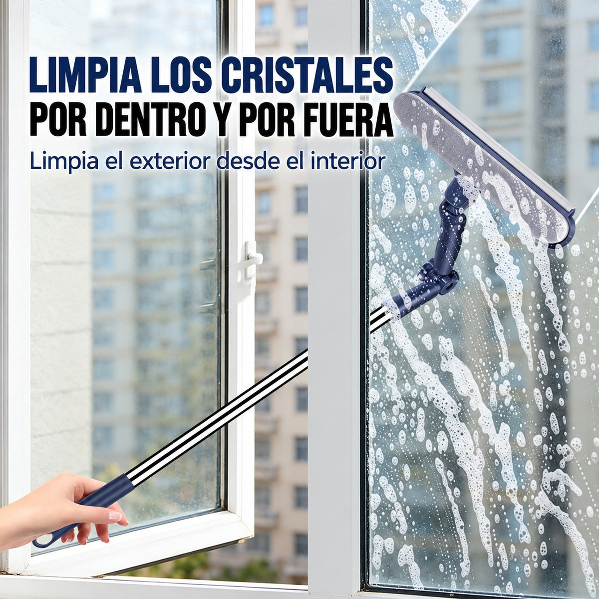 Limpiacristales articulado 180° Orvenisa limpiando por fuera