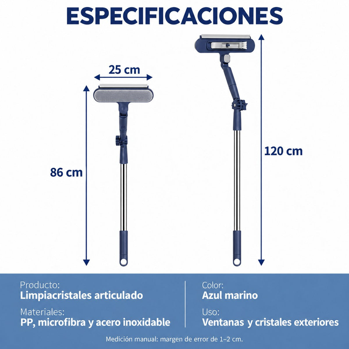 Especificaciones: 86–120 cm, cabezal de 25 cm