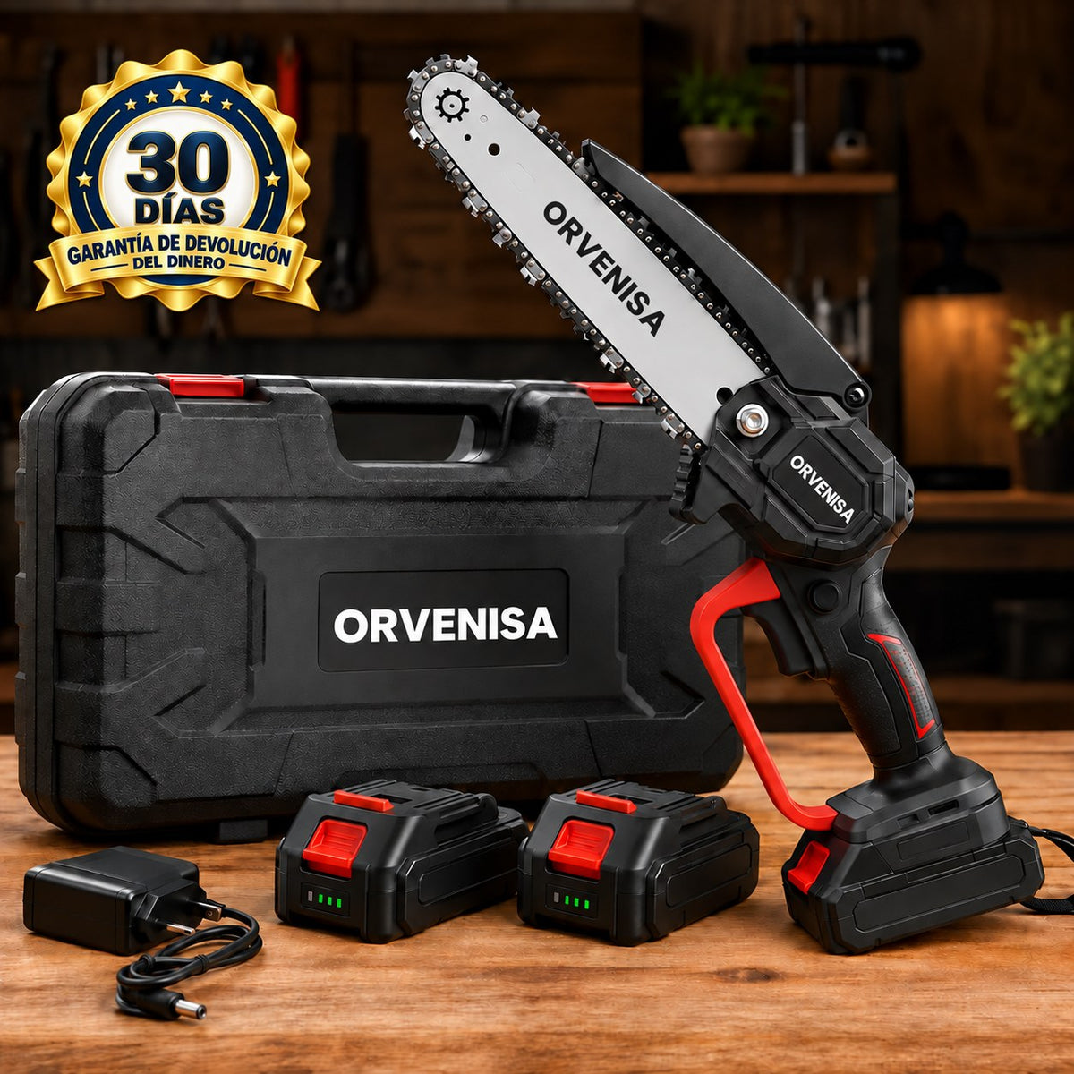 Kit de mini motosierra con 2 baterías de 48V, cargador y maletín