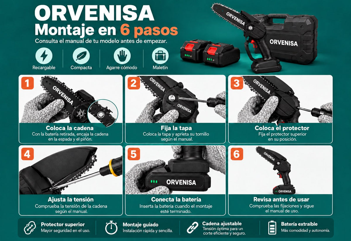 Montaje de la mini motosierra en 6 pasos