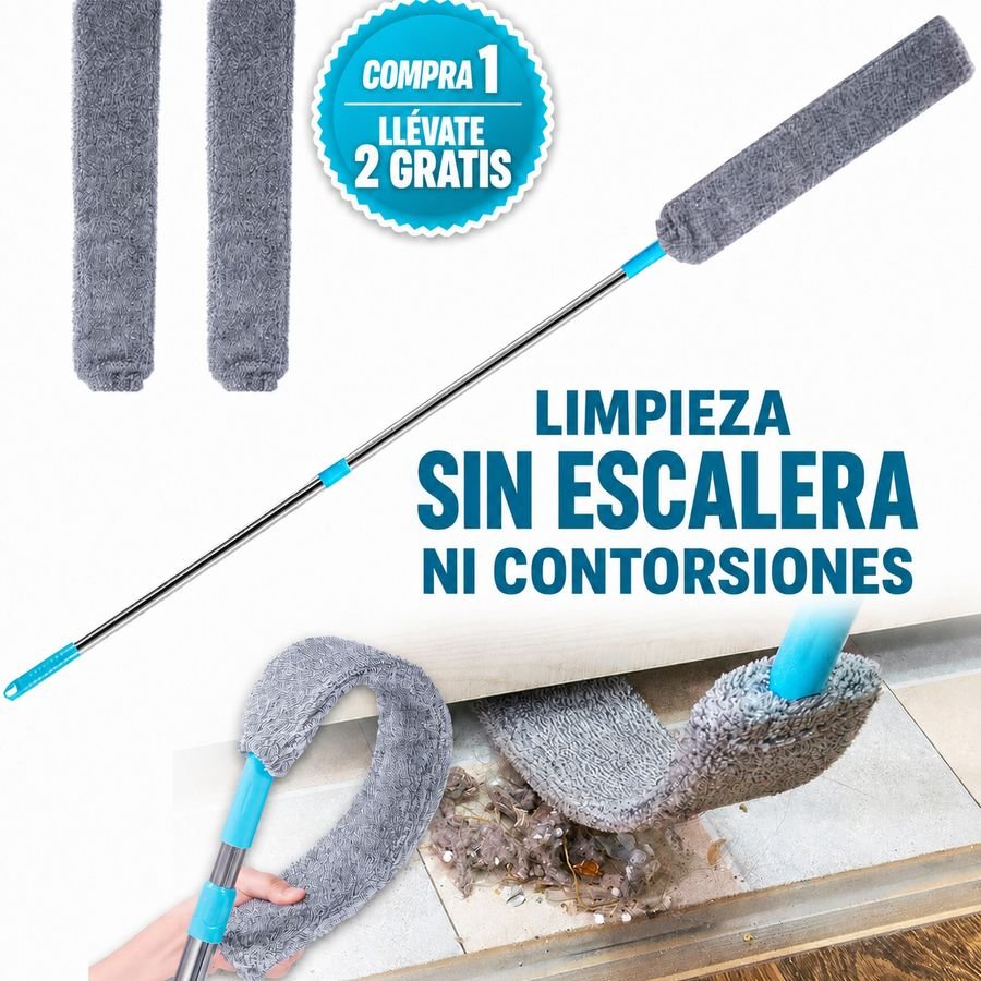 Plumero Orvenisa con dos fundas de recambio, junto al mensaje «Limpieza sin escalera ni contorsiones», limpiando el hueco de debajo de un mueble