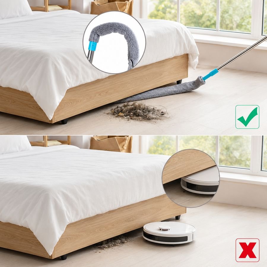 Comparativa: Orvenisa saca la pelusa acumulada debajo de la cama, donde el robot aspirador no llega