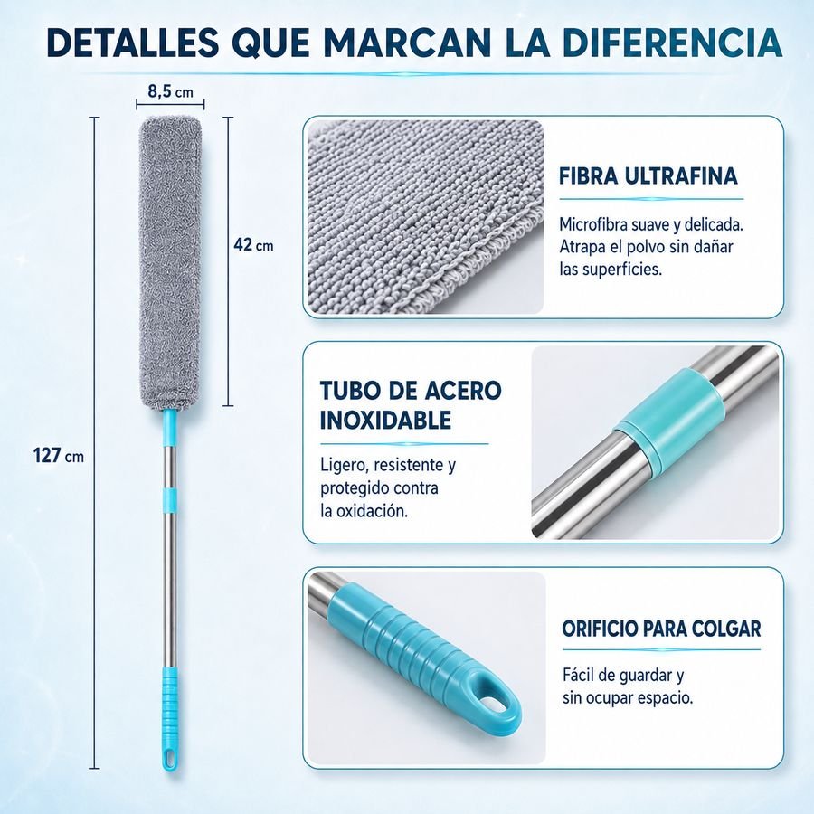 Detalles de Orvenisa: cabezal de 42 × 8,5 cm de fibra ultrafina, tubo de acero inoxidable de 127 cm y orificio para colgar