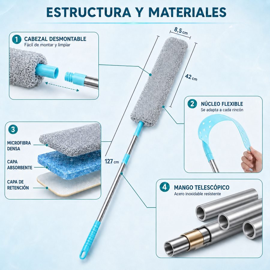 Infografía de la estructura de Orvenisa: cabezal desmontable de 42 × 8,5 cm, núcleo flexible que se dobla, tejido de tres capas (microfibra densa, capa absorbente y capa de retención) y mango telescópico de acero inoxidable de hasta 127 cm