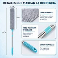 Detalles de Orvenisa: cabezal de 42 × 8,5 cm de fibra ultrafina, tubo de acero inoxidable de 127 cm y orificio para colgar
